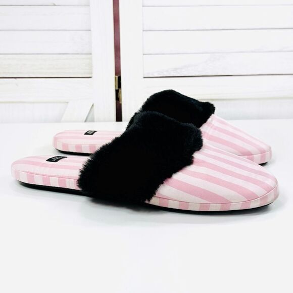 Victoria’s Secret Faux Fur Trim Striped Slippers Pink Black Large - Picture 1 of 11
